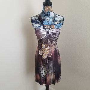 Hot Tees Retro Halter Printed Flowy Dress M